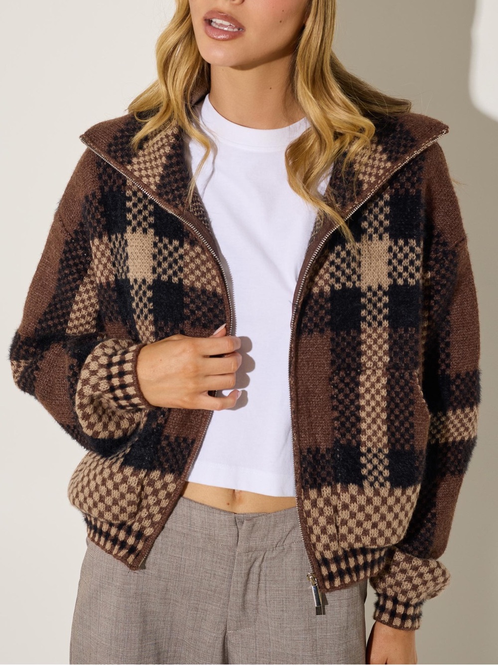 Zara Brown Plaid Bomber Jacket